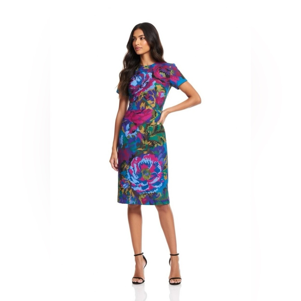 David Meister Teal multi-color pixel geometric floral sheath dress size 8